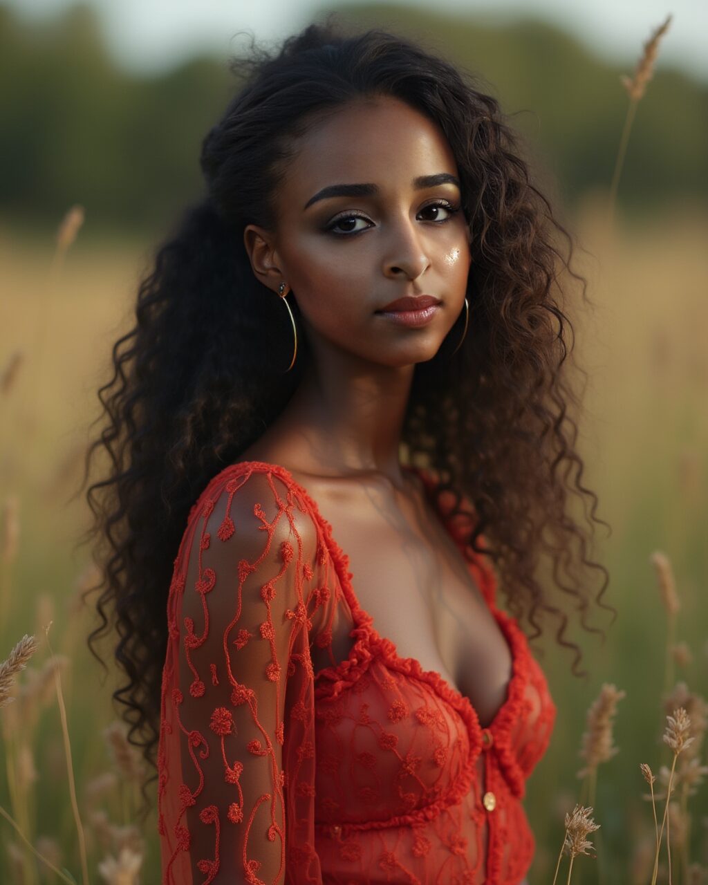 Virtual influencer Zuri Ames in a red embroidered dress with natural curls, standing in a golden field at sunset.