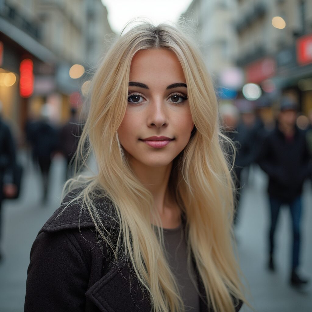 Vinfluencer Jessie Bee in city street, blonde hair, urban evening, stylish jacket, serene confidence, bustling background.