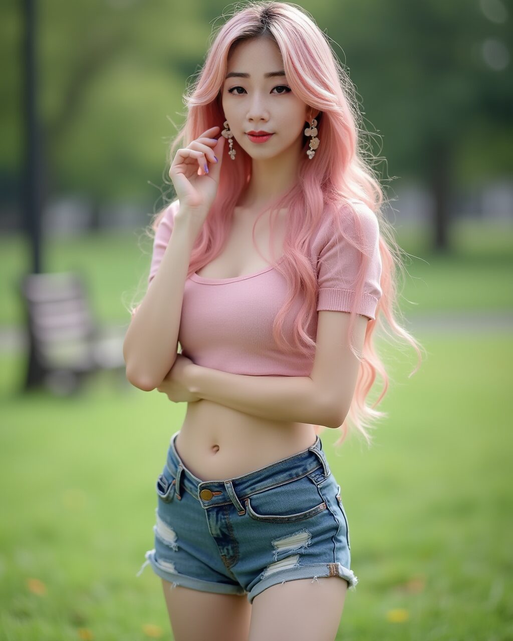 Pastel pink-haired vinfluencer Suji Boo in denim shorts posing confidently in a sunny, green park setting.