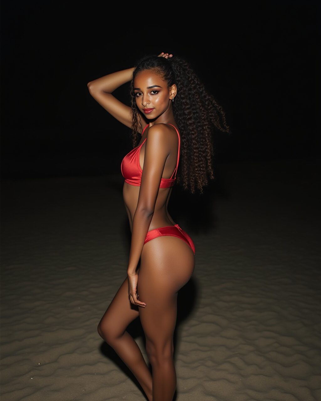 Virtual influencer Zuri Ames poses in a red bikini on a moonlit beach, illuminated by camera flash.