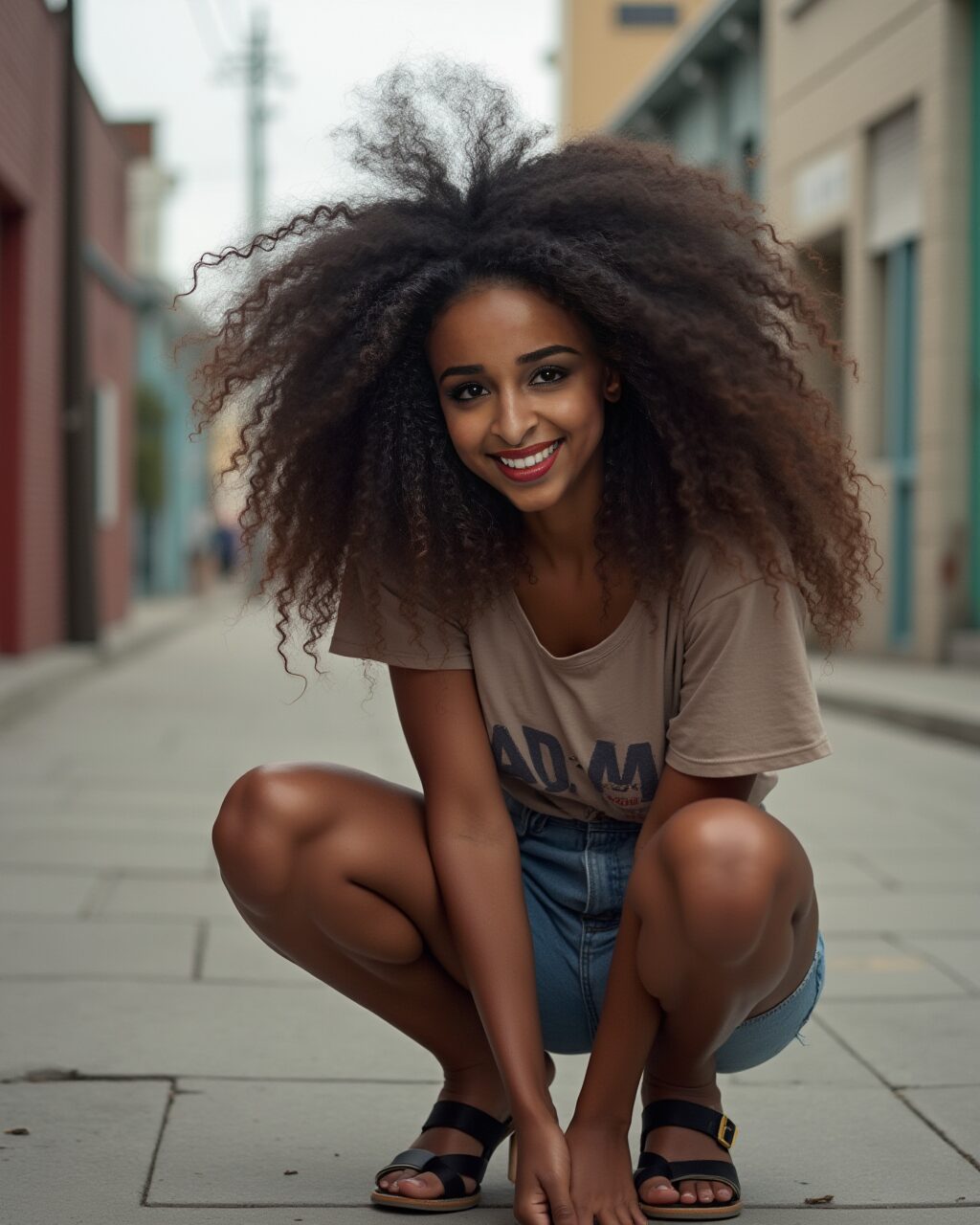 Vinfluencer Zuri Ames crouching and smiling warmly on a quiet city street in casual summer outfit.