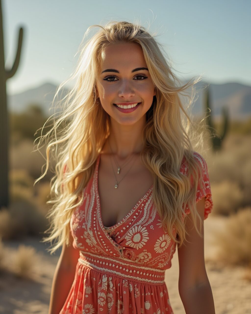 Vinfluencer Jessie Bee smiling in coral floral dress among desert cacti under sunny blue sky.