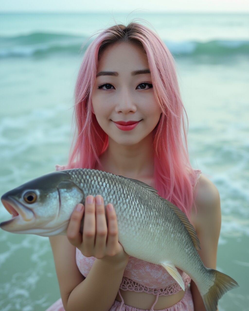 Pink-haired virtual influencer Suji Boo holding a large fish on a beach, smiling in summer sunrise light.