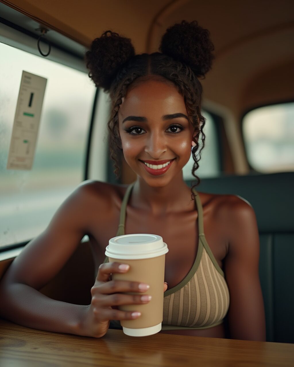 Vinfluencer Zuri Ames smiles in a vintage camper van, enjoying coffee and sunlight on a road trip.