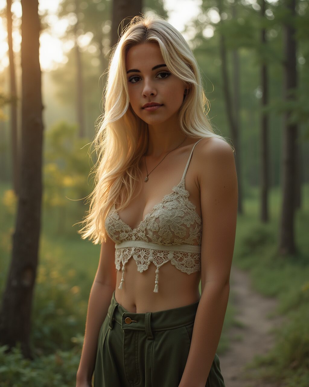 Vinfluencer Jessie Bee in lace bralette and green pants on a sunlit, tranquil forest path