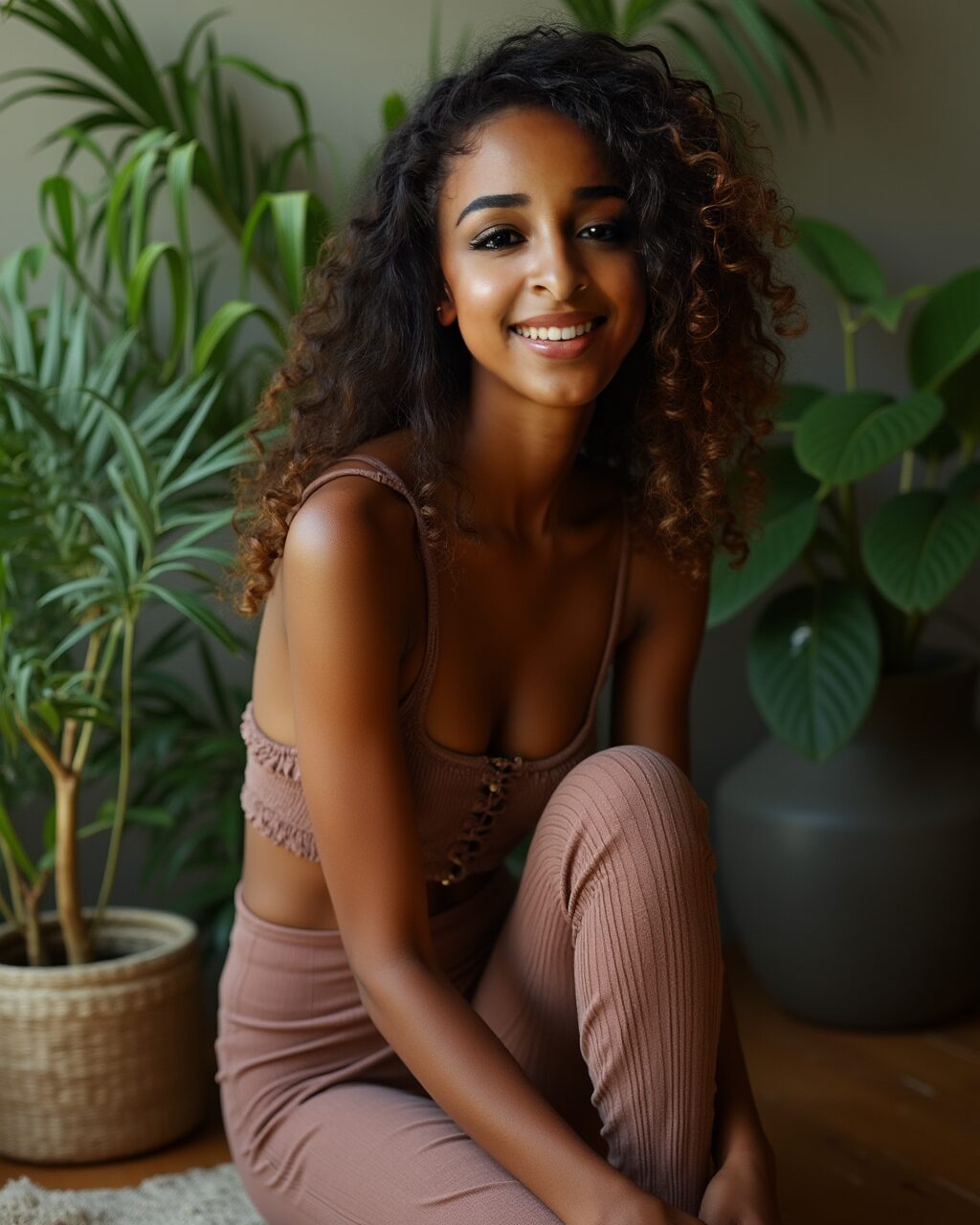 Virtual influencer Zuri Ames smiling indoors, sitting in brown outfit among lush green houseplants and cozy decor.