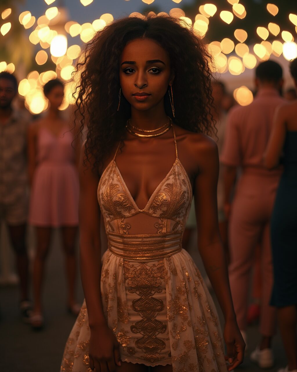 Virtual influencer Zuri Ames in a sparkling gold dress at night party with string lights and festive crowd.