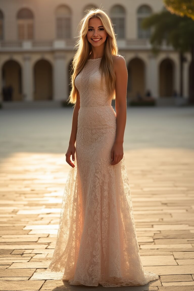 Vinfluencer Jessie Bee in a lace evening gown at sunset, standing confidently before a grand building.