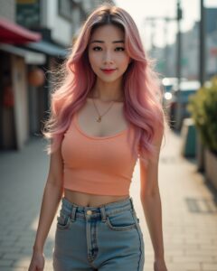Vinfluencer Suji Boo with pastel pink hair in an orange crop top walking confidently on a sunny city street.