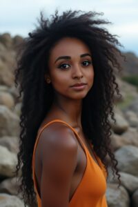 Vinfluencer Zuri Ames posing in burnt-orange dress with natural curls in rocky outdoor setting.