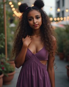 Vinfluencer Zuri Ames in purple dress, curly hair in buns, evening garden lights, stylish and confident.